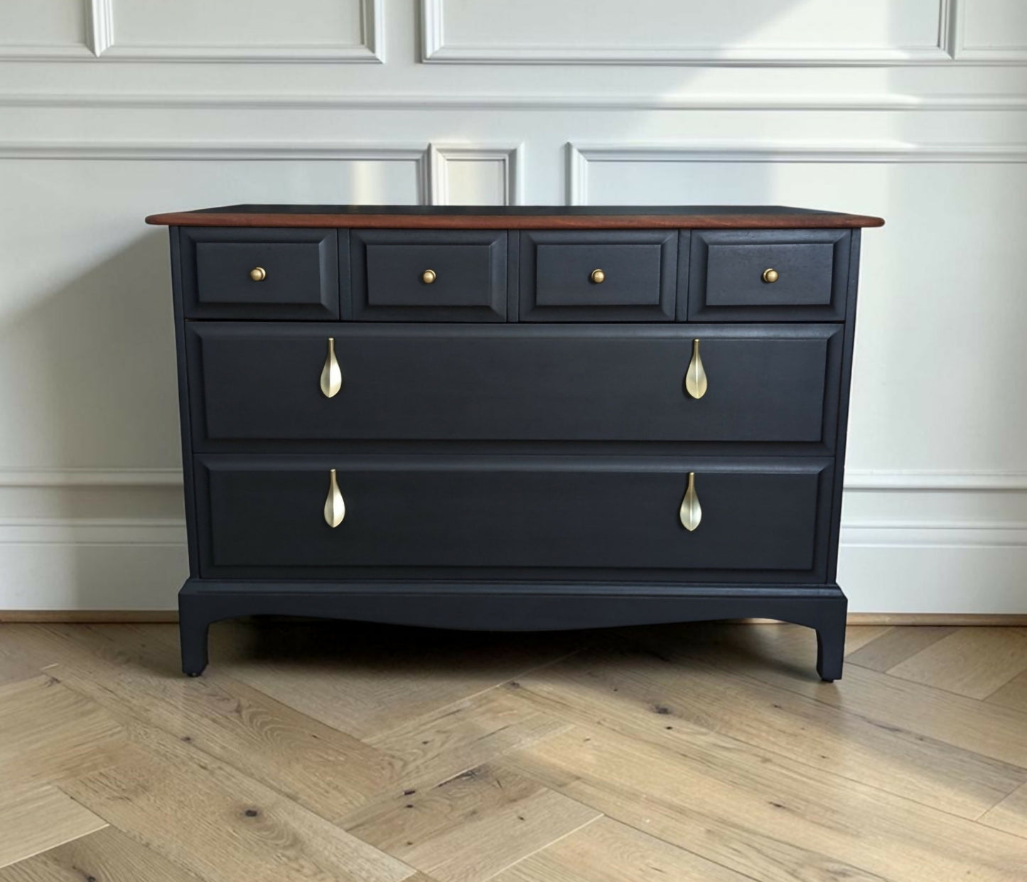 Stag Mid-Century Modern Black Chest of Drawers, Cherry Wood, Gold Leaf Knobs