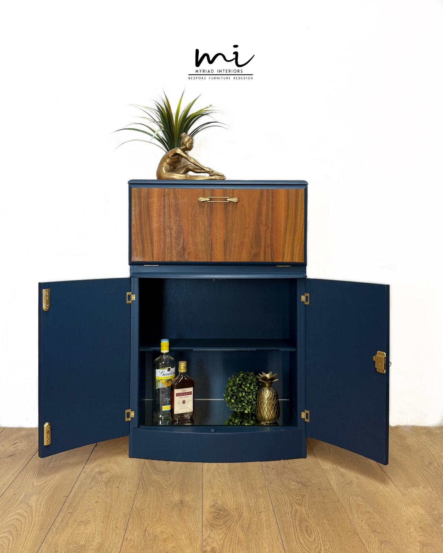 SOLD commissions available Navy Blue and Gold Art Deco Walnut Drinks Cabinet, cocktail cabinet, bar, sideboard, refurbished