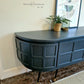 Long Curved Nathan Sideboard in Railings Grey with Black & Gold tapered legs.