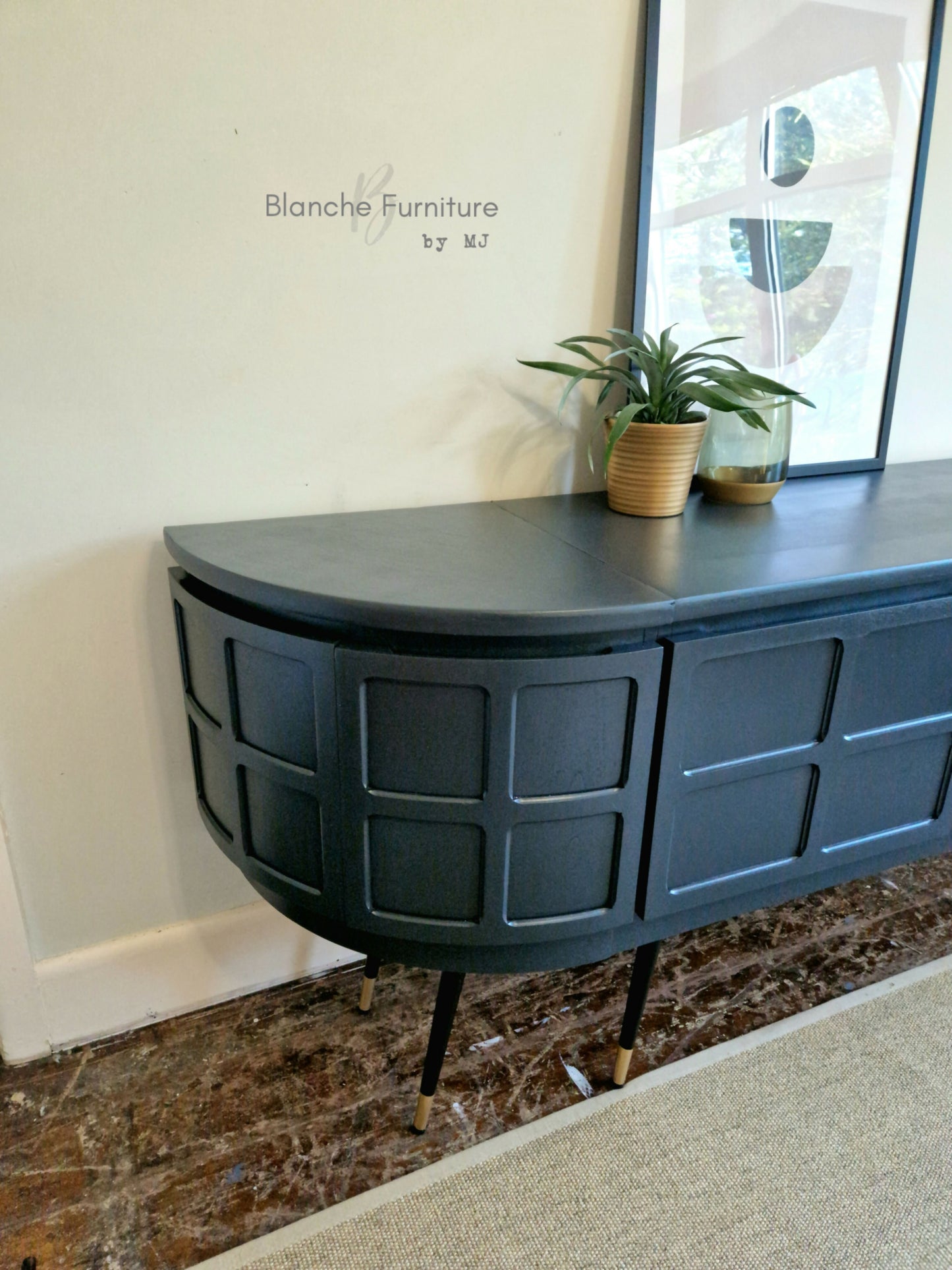 Long Curved Nathan Sideboard in Railings Grey with Black & Gold tapered legs.