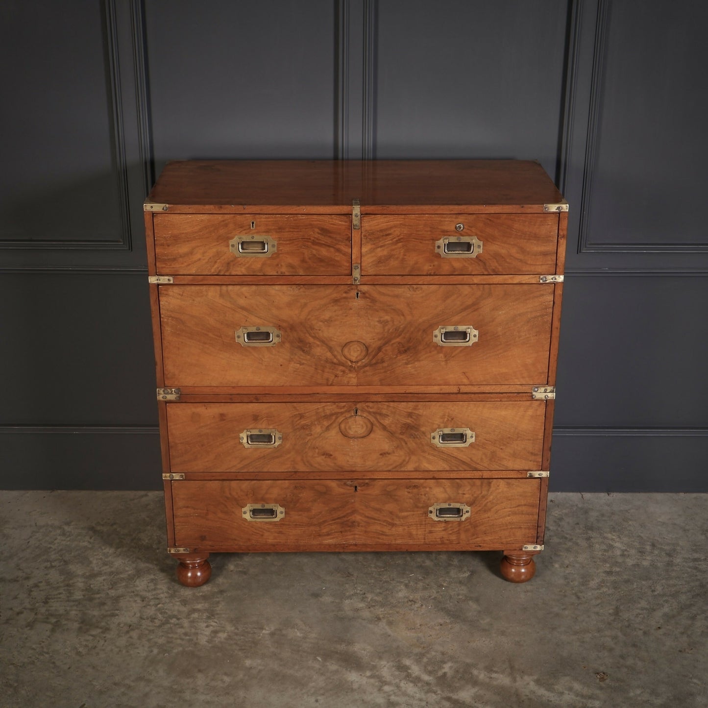 Rare Figured Walnut Military Vintage Campaign Chest of Drawers