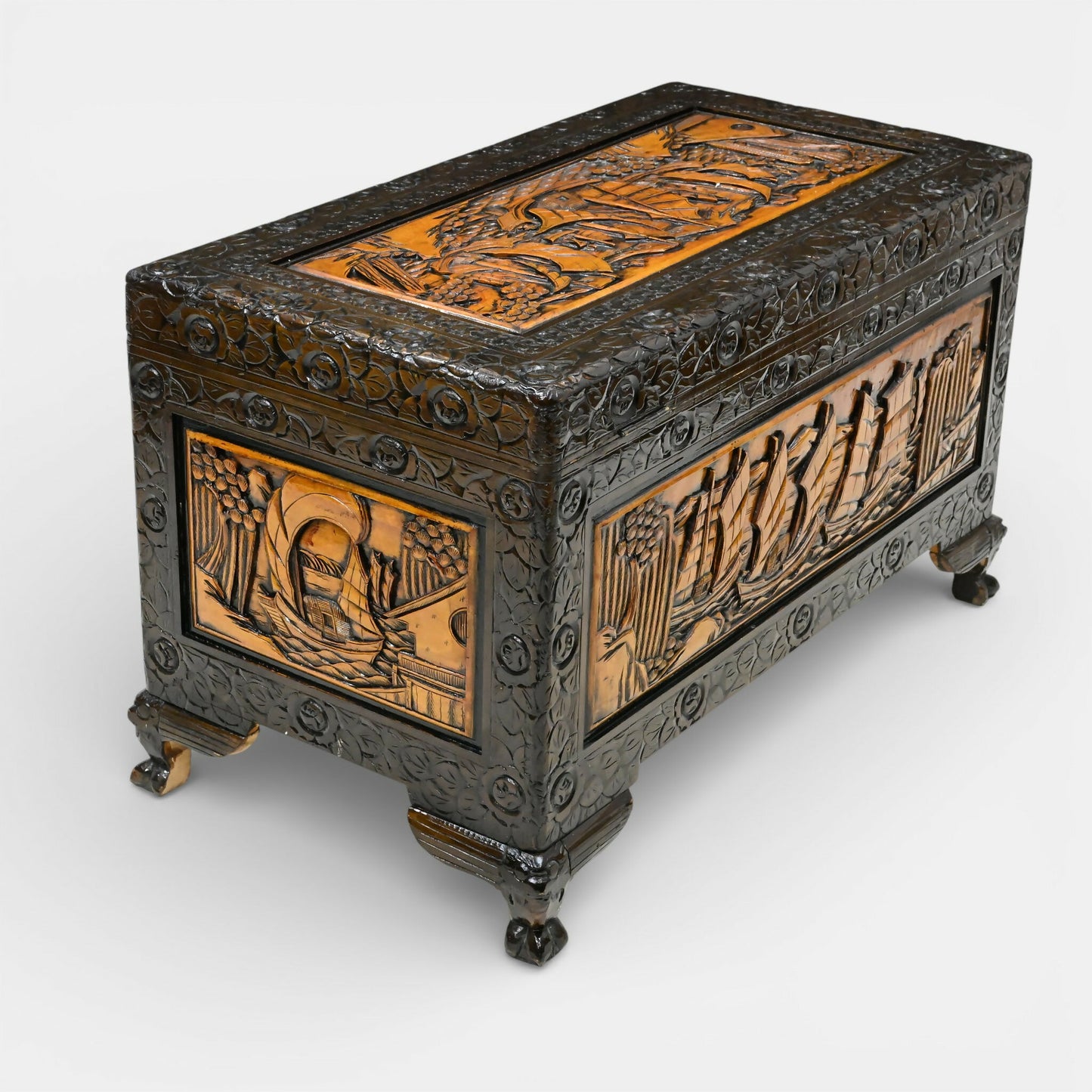 Chinese Carved Chest Trunk Camphor Wood Fine Carvings H60cm x W104cm x D56cm. SBR11127/3110E