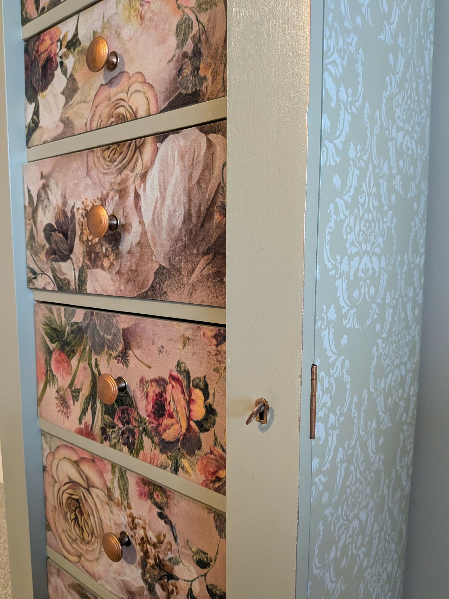 Vintage upcycled tallboy chest of drawers pale green with floral decoupage