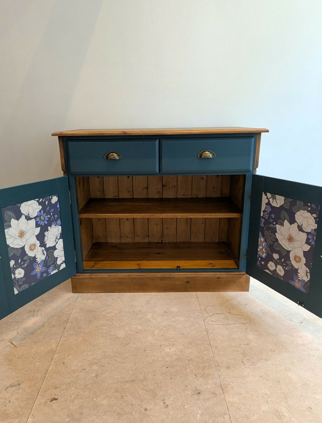 Vintage Solid Pine Blue Painted Sideboard, Hallway Cabinet with Stripe Detail and Floral Interior