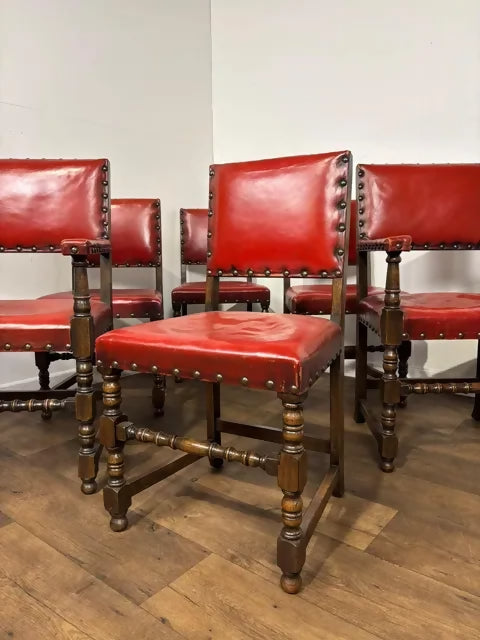 Vintage Set of Six Oak Framed Red Leather Dining Chairs
