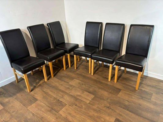 Set of Six Contemporary Dining Chairs – Black Faux Leather & Light Wood Legs