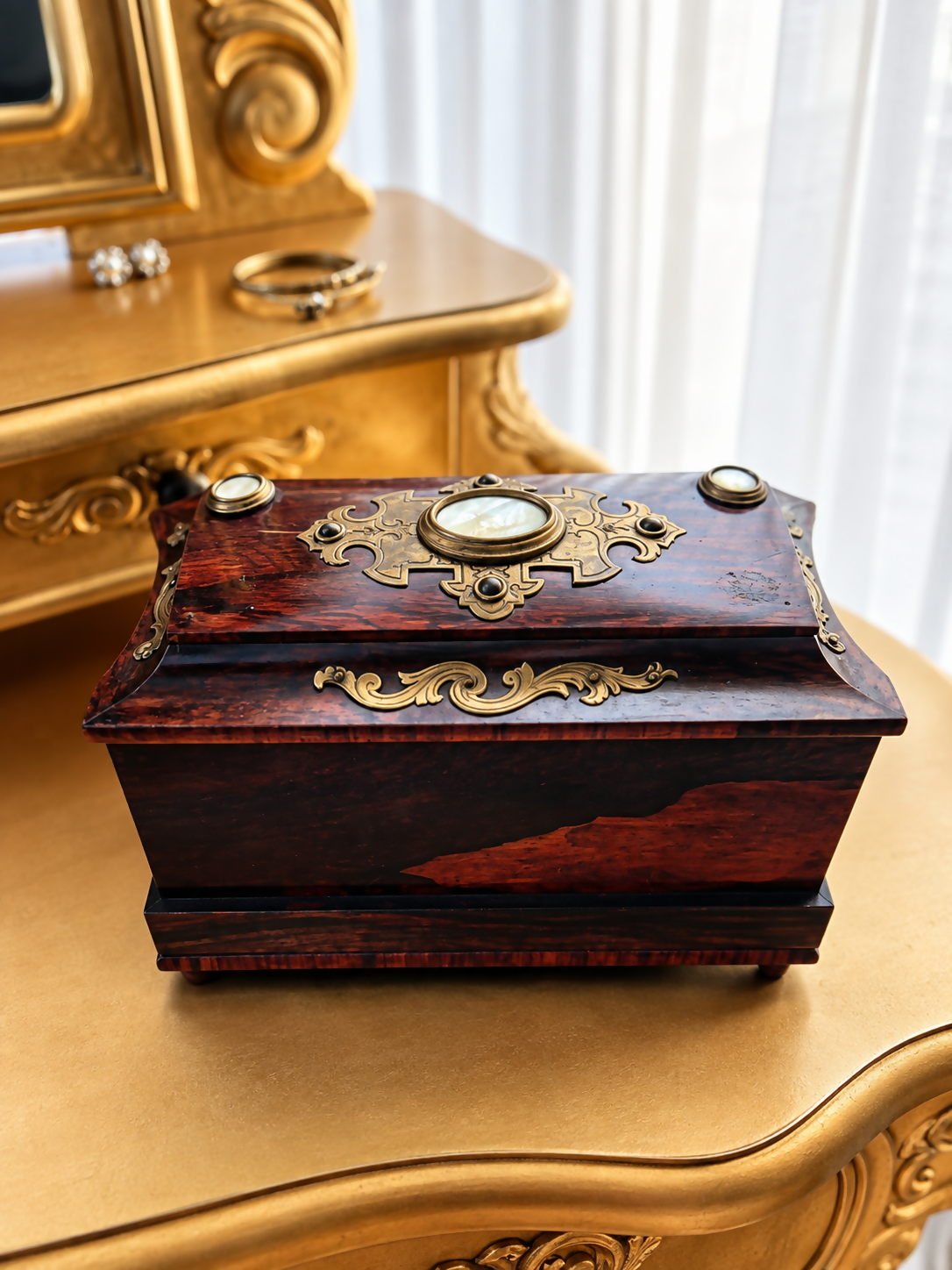 Antique Bombe Jewellery Trinket Box With Mother Of Pearl & Brass Mounts