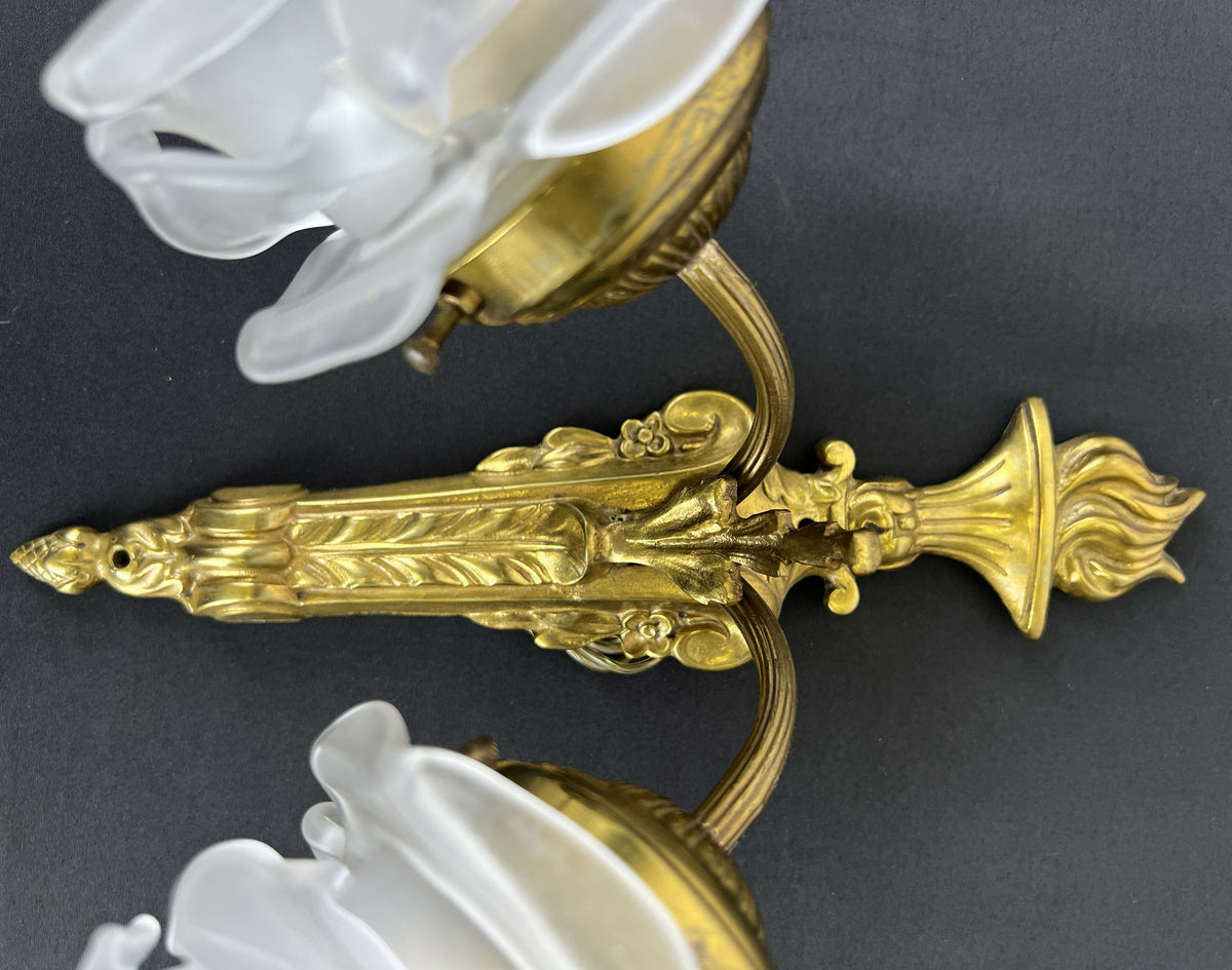 Pair of Wall Lights Vintage French Ornate Double Arm Glass Sconces LOT 6477