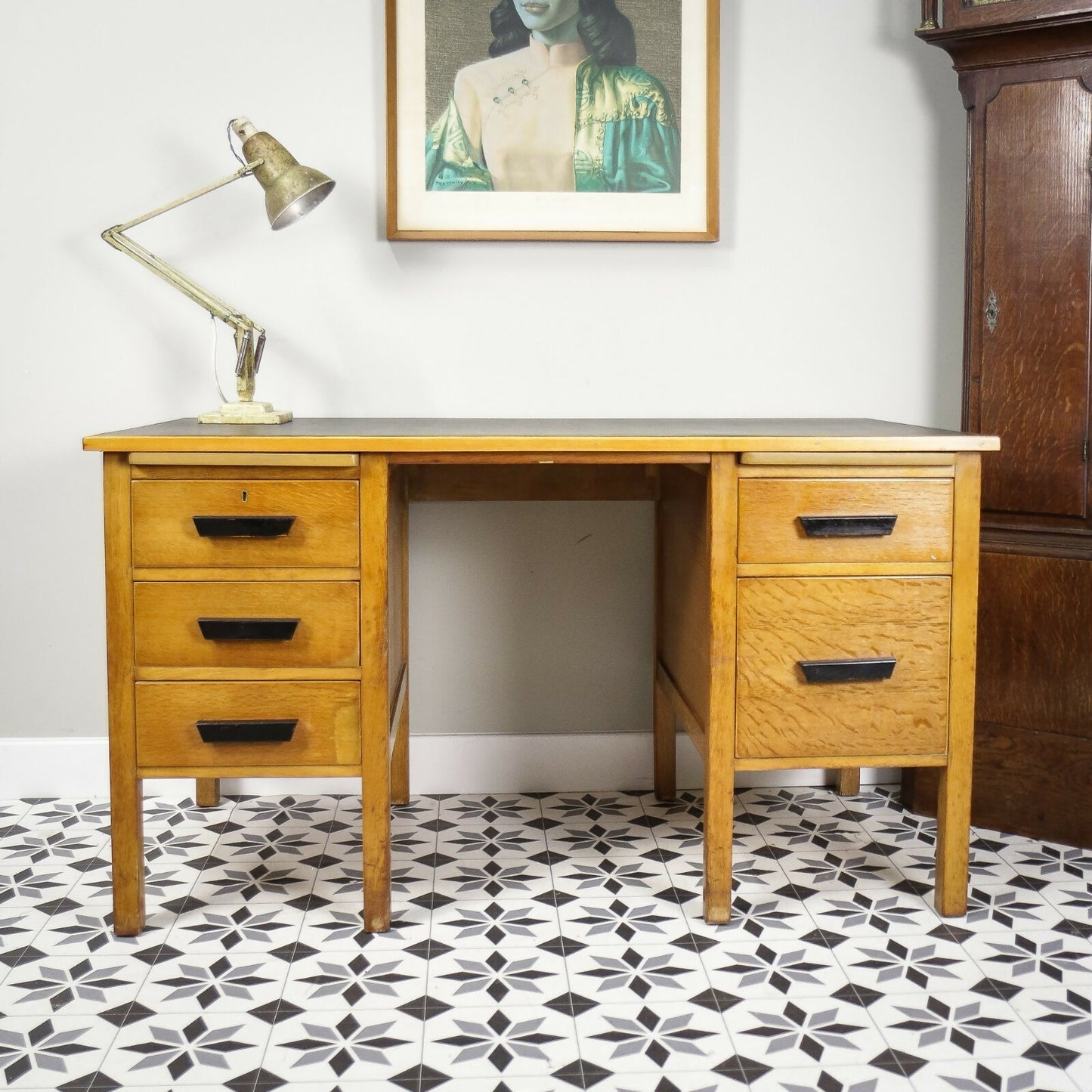 Vintage Oak Faced Mid Century Twin Pedestal Desk with Black Leatherette Top