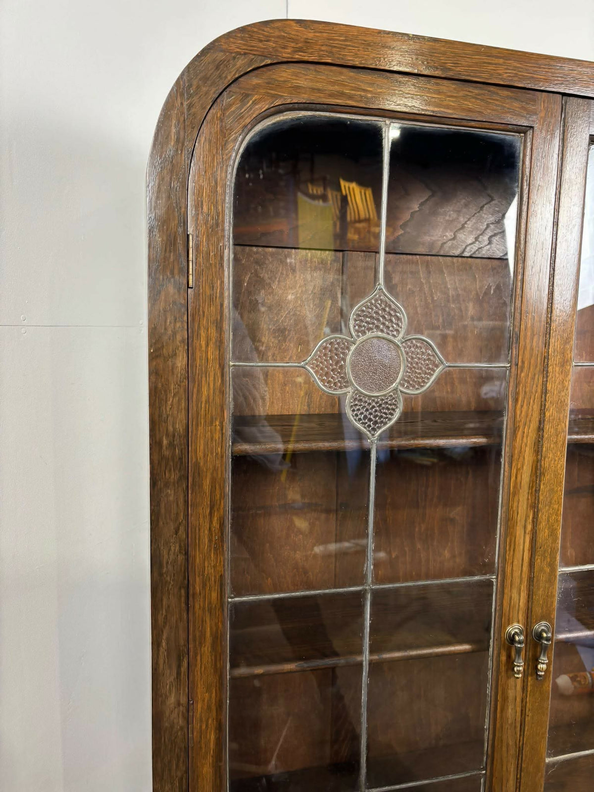 Art Deco Style Oak Leaded Glass Bookcase / Display Cabinet