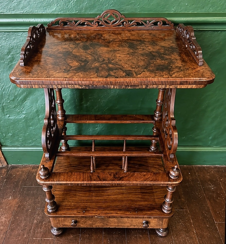 Antique Victorian Burr Walnut Canterbury Whatnot – Magazine & Book Rack with Carved Fretwork