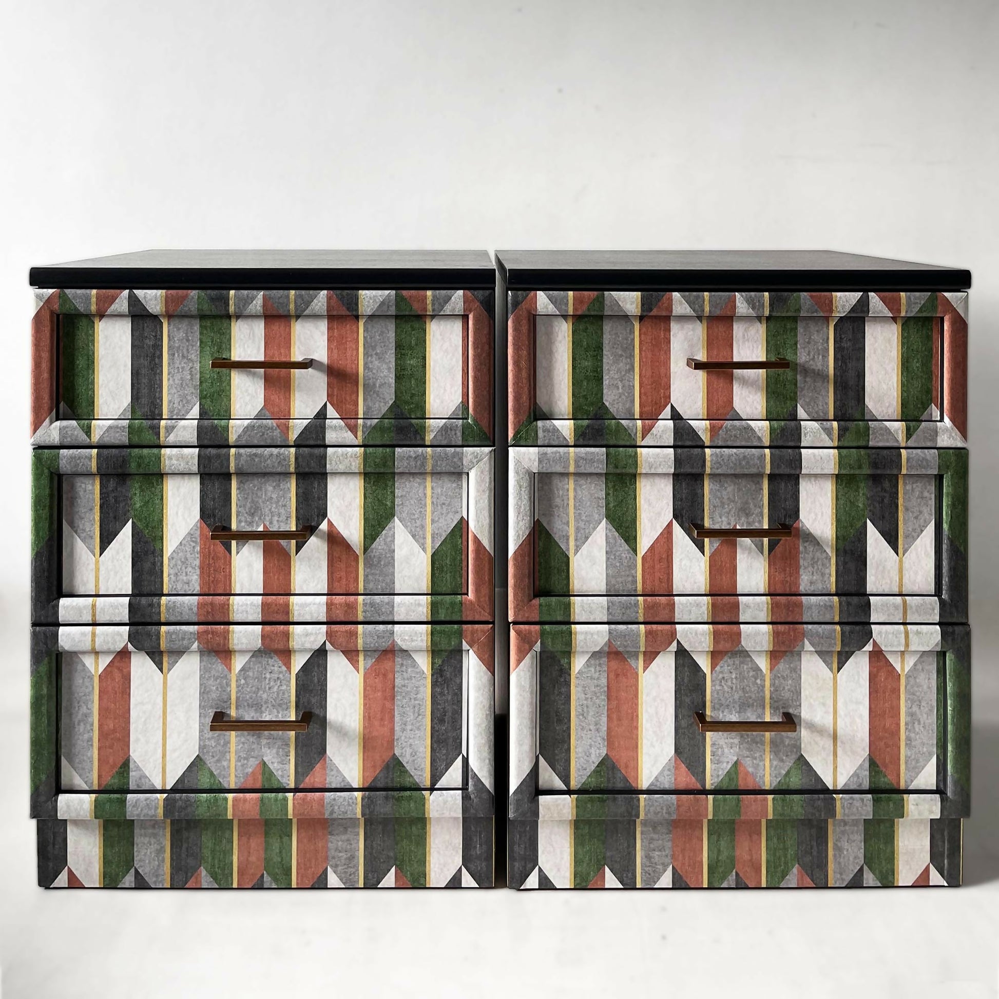 Gplan bedside tables with drawers decoupaged with geometrical pattern