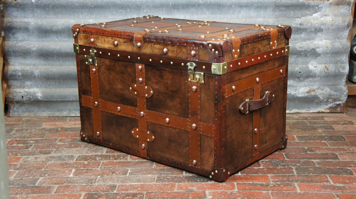 Vintage Inspired English Leather Steamer Trunk Interior Coffee Table End Table