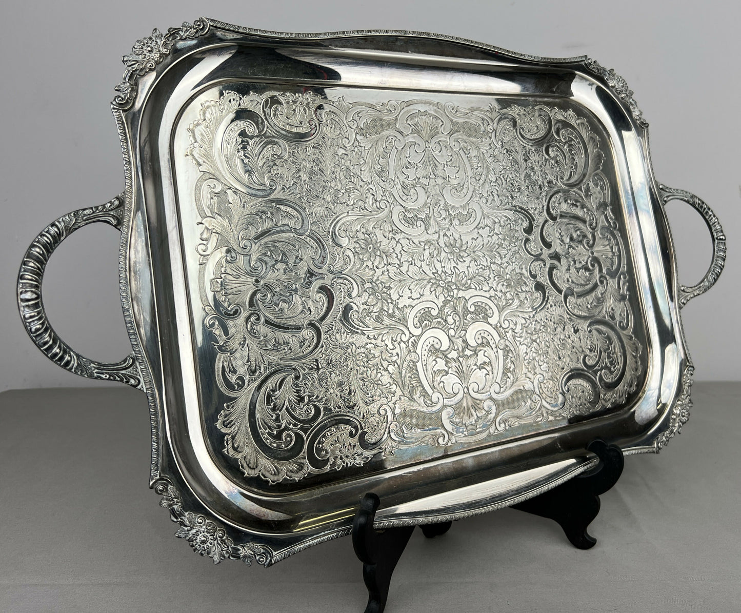 Serving Tray Vintage Metal Ornate Engraved Twin Handle English Tray LOT 6444