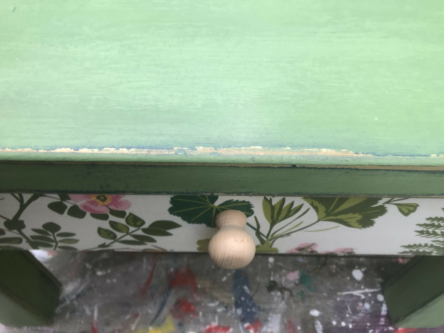Bedside table painted in Layers of Annie Sloan Chalk paint with decoupaged drawer 1