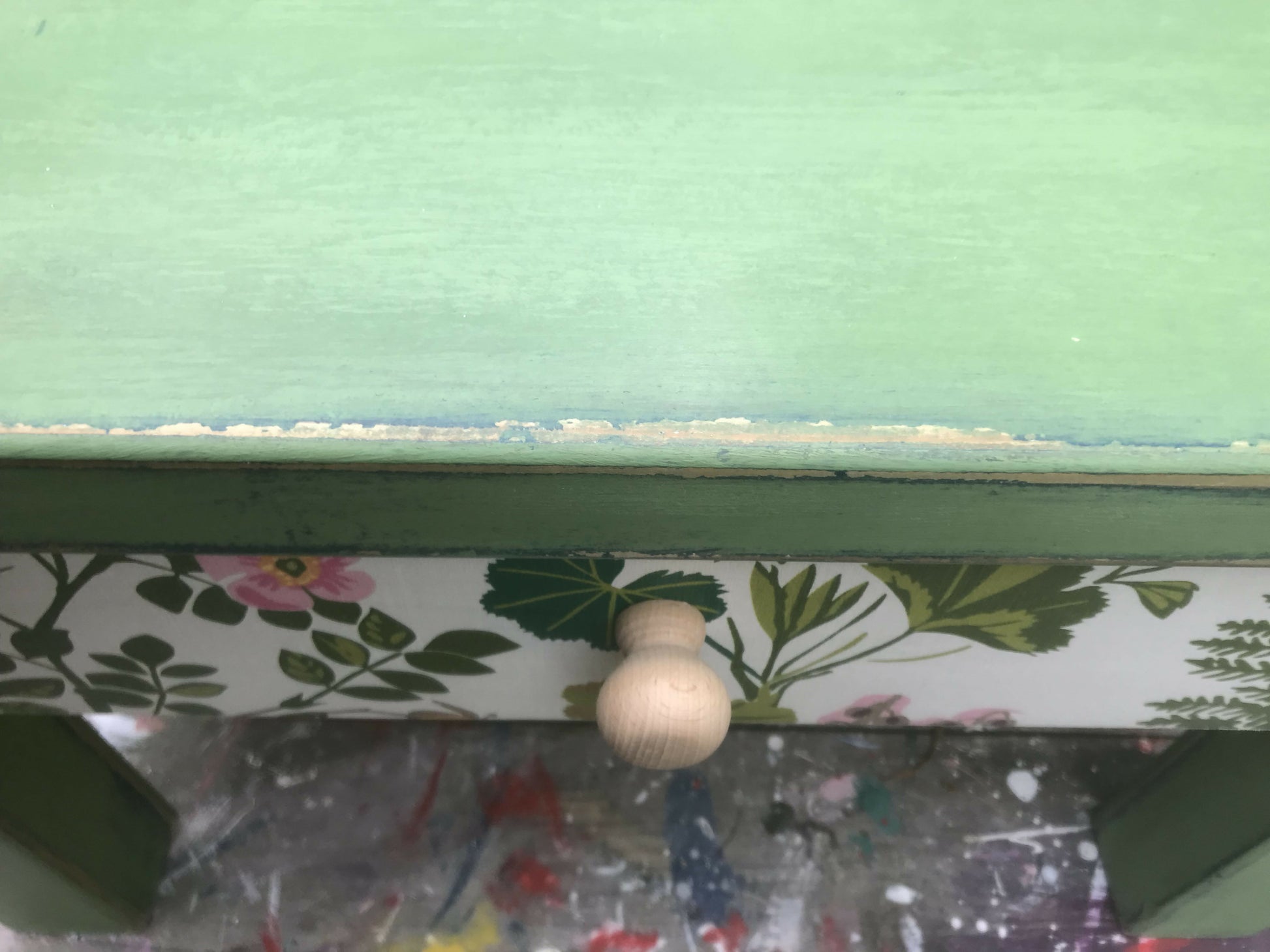 Bedside table painted in Layers of Annie Sloan Chalk paint with decoupaged drawer 1
