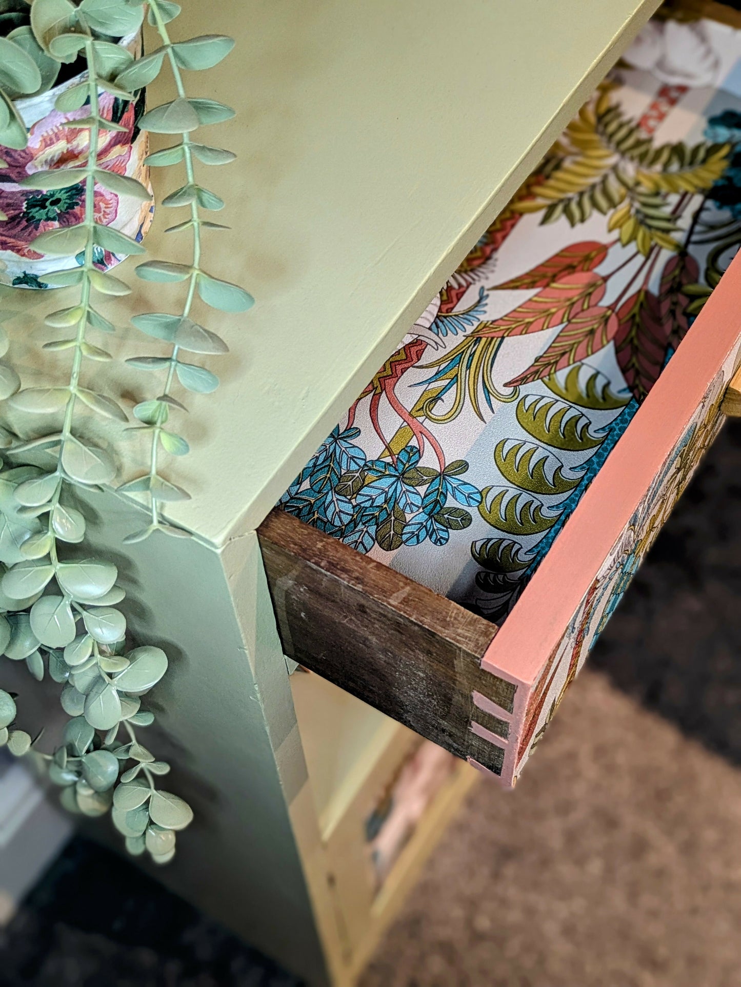 Botanical Boho Cabinet – Hand-Finished Storage with Tropical Wallpaper Panels