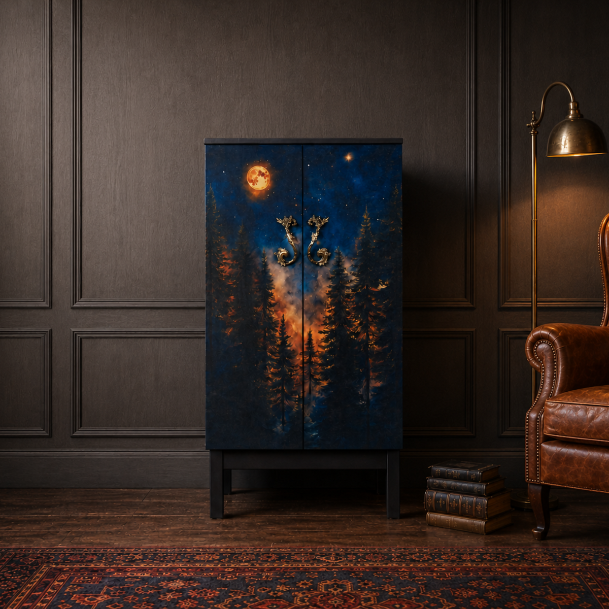 Upcycled Celestial Forest Music Cabinet, Midnight Blue Storage Cupboard