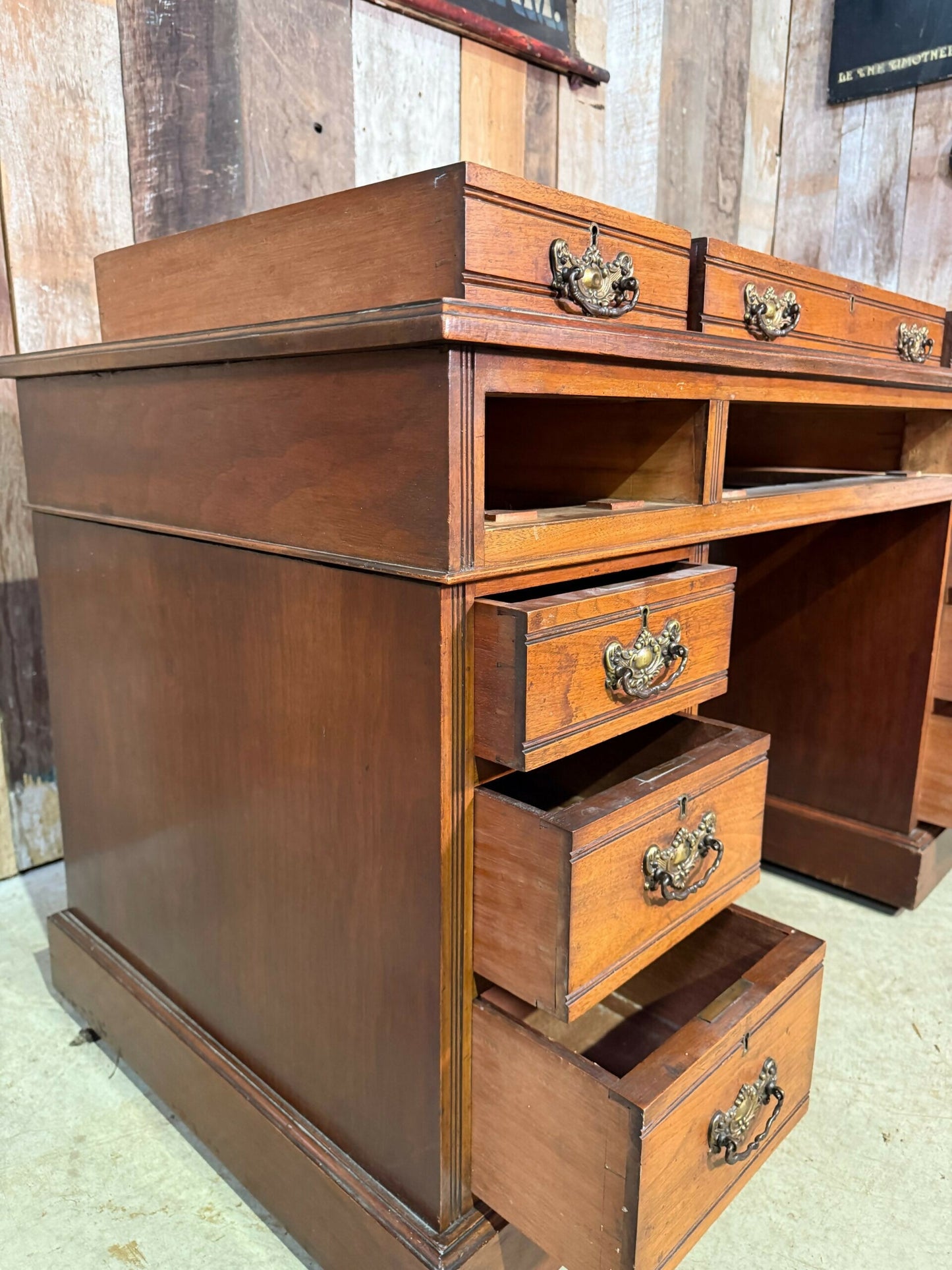 Antique Mid Victorian Walnut and Mahogany Embossed Leather Twin Pedestal Writing Desk, c.1860