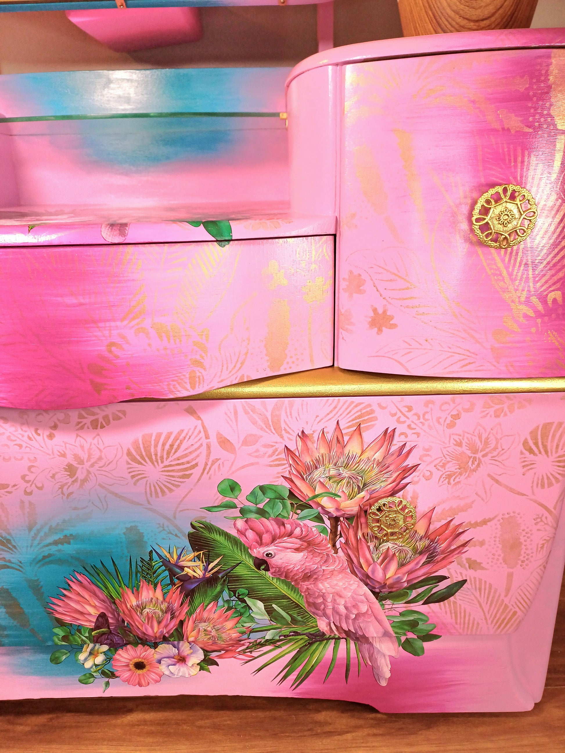 Upcycled Pink and Gold Tropical Dressing Table with Mirror and Five St Upcite Upcycled Pink and Gold Tropical Dressing Table with Mirror and Five St Upcite
