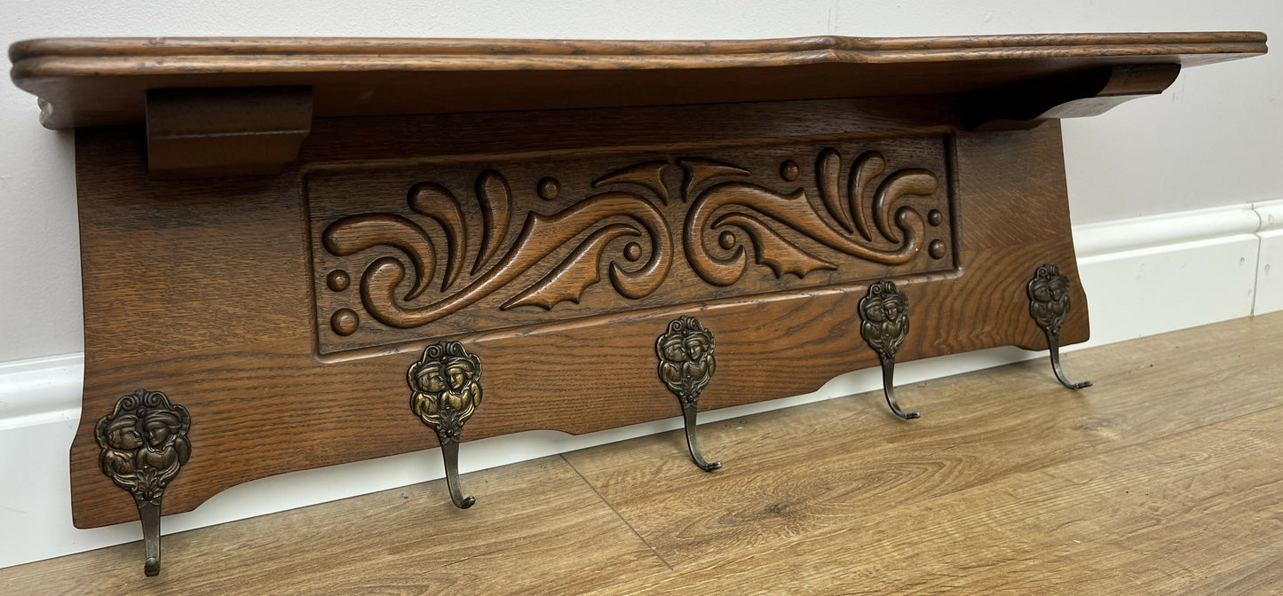 Coat Rack Vintage French Oak Wall Mounted 5 Hooks Carved Rack Hanger LOT 6302