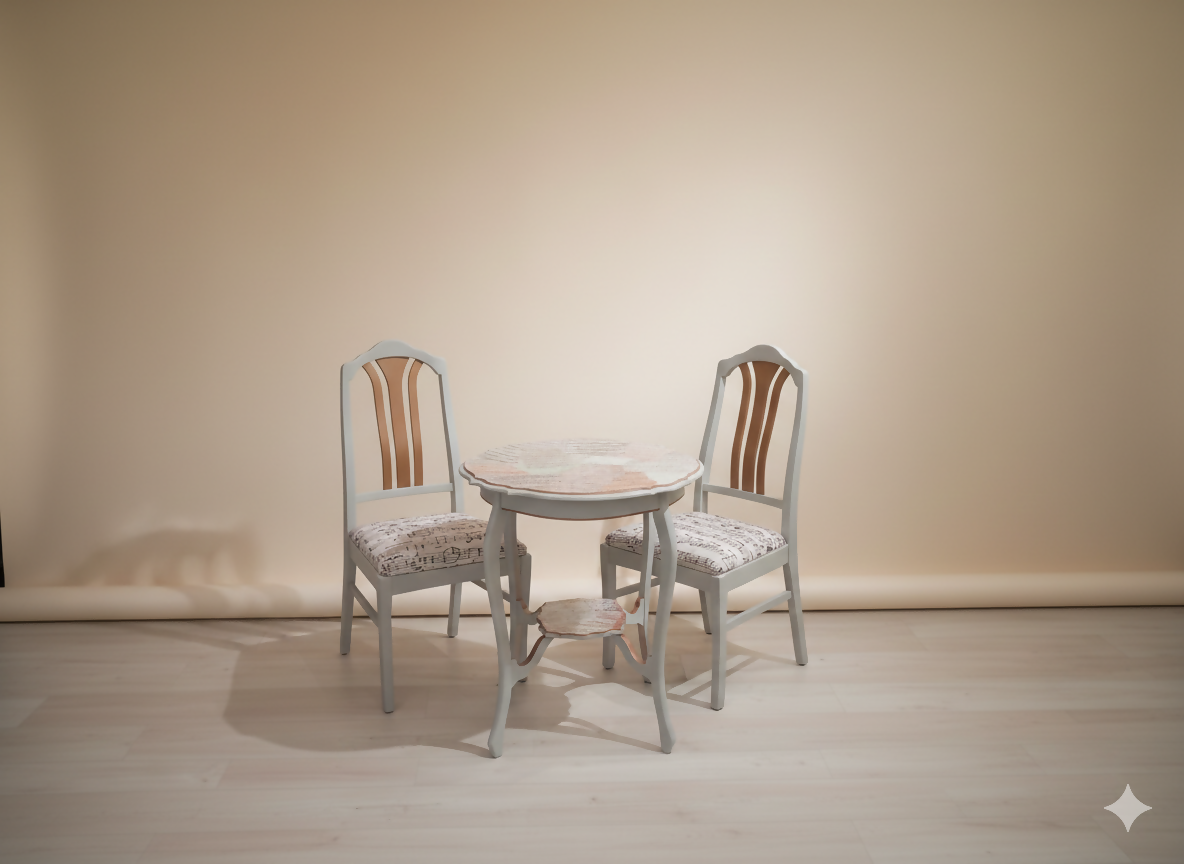 "Melody in Grey" – Refinished Musical Themed Bistro Set with Copper Accents