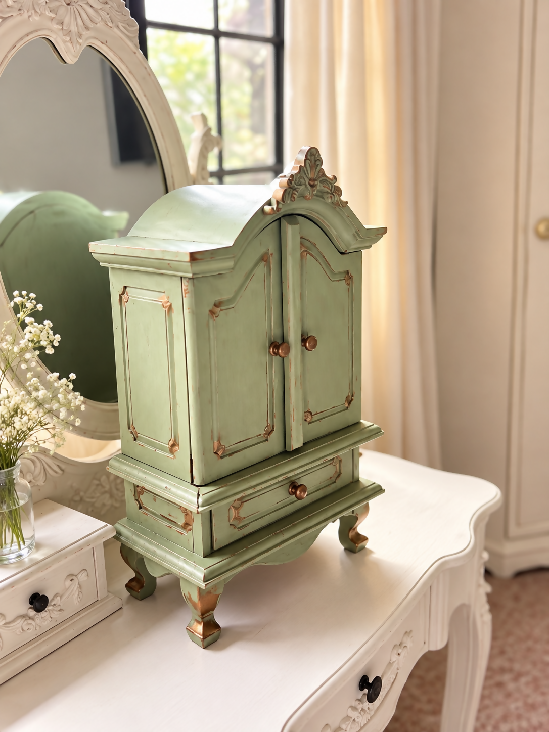 French-Style Miniature Armoire Jewellery Cabinet, Trinket Keepsake Box, Sage Green & Antique Gold