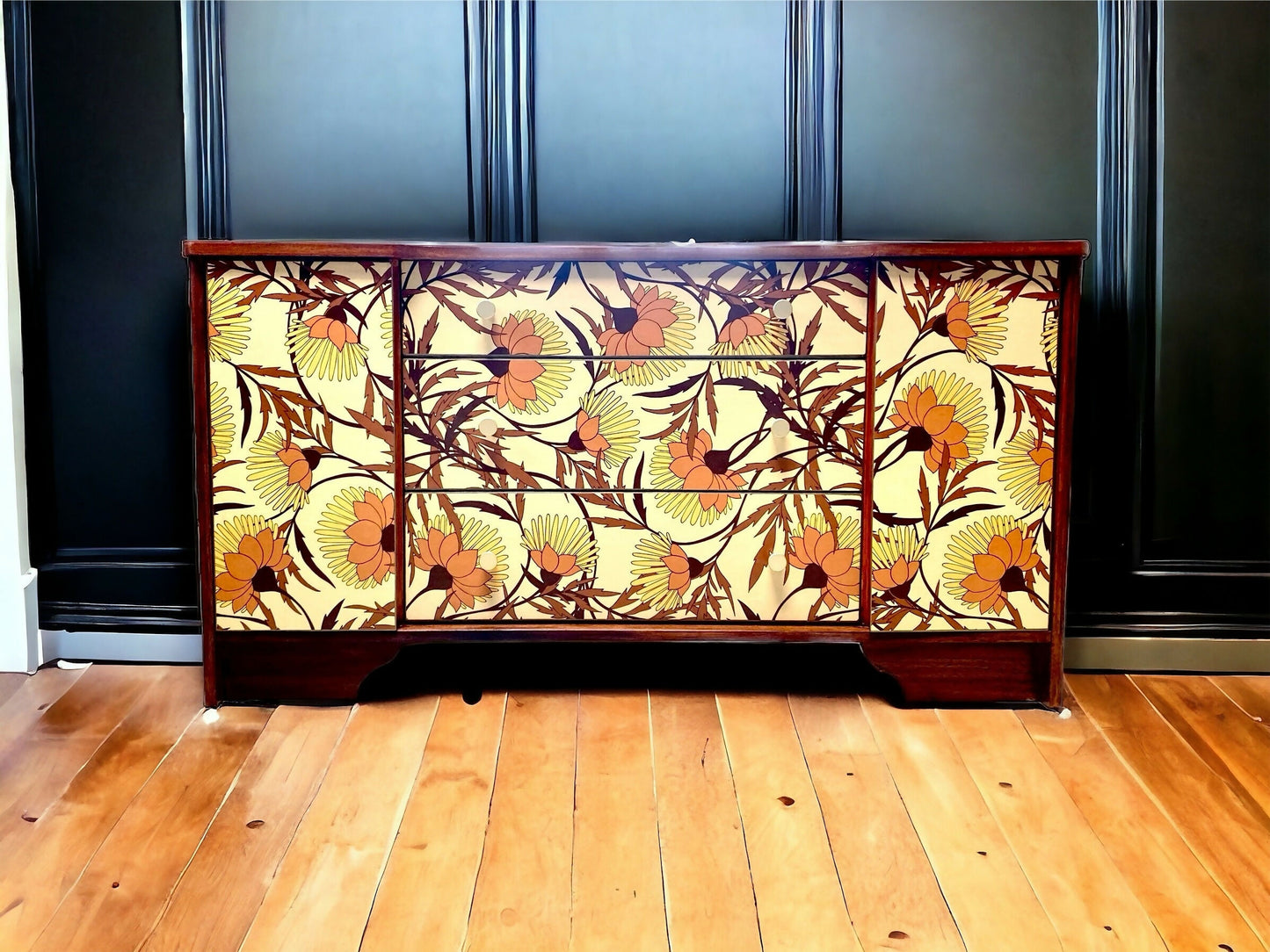 Upcycled Vintage Mid Century Sideboard, Tv Unit , 1970's Floral Print , Living Room, Dining Room Storage.