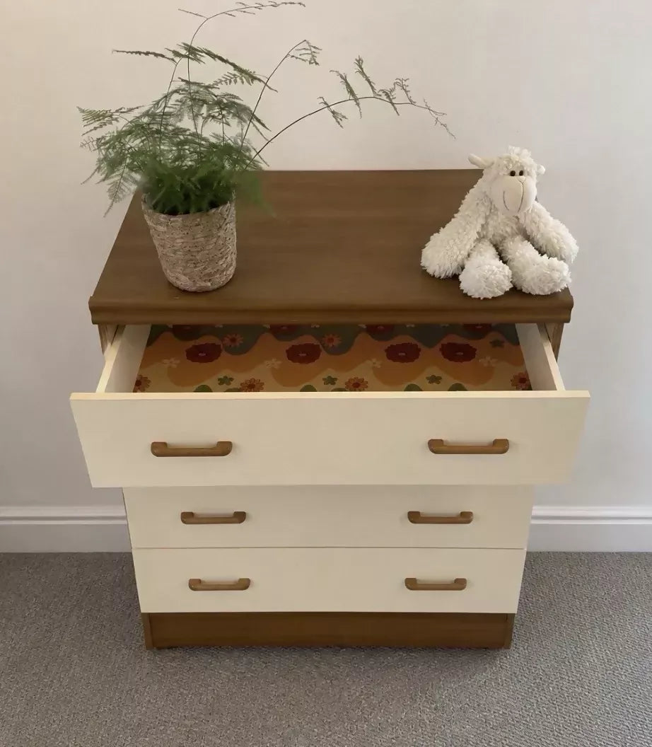 Vintage Teak Cream Bedroom Tallboy Chest Mid Century Drawers Nursery Storage