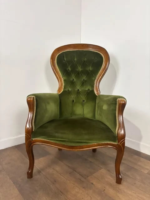 Reproduction Mahogany Green Velvet Upholstered Armchair – Furnishings Italia