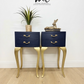 Vintage Navy Blue and Gold French Louis Style Bedside Tables, nightstands, Cabriole Legs