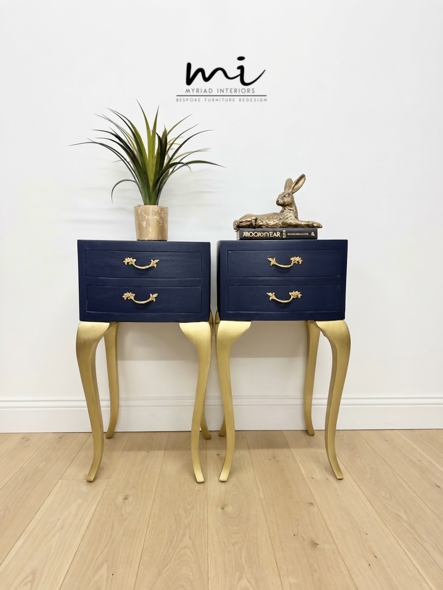 Vintage Navy Blue and Gold French Louis Style Bedside Tables, nightstands, Cabriole Legs