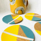 SOLD Set of 4 Cork Coasters - Hand Painted Geometric/Modern Design (Blue/Yellow/White)