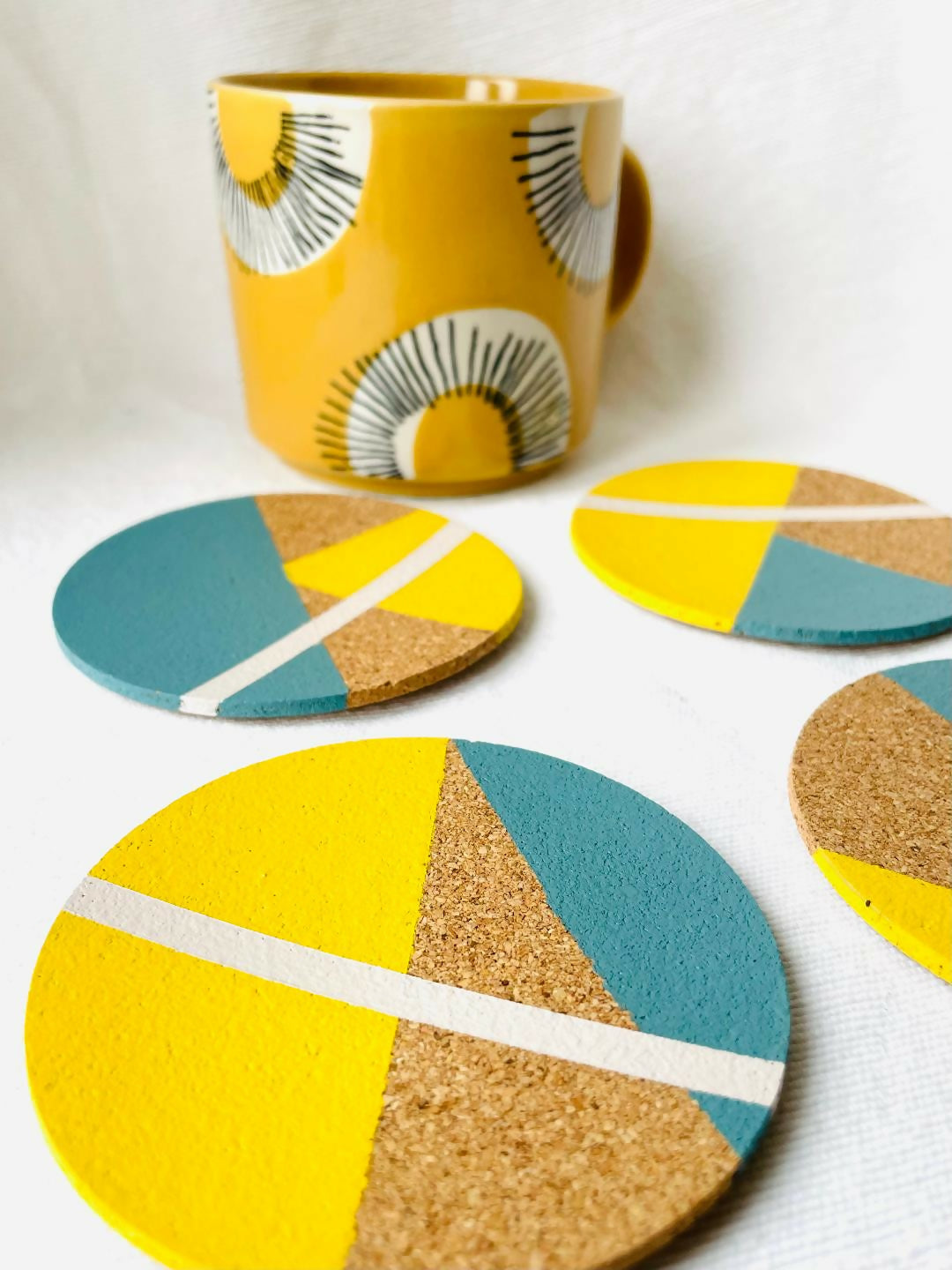 SOLD Set of 4 Cork Coasters - Hand Painted Geometric/Modern Design (Blue/Yellow/White)