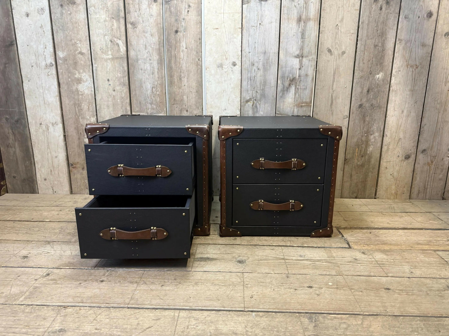 Black Leather Brown Trimmed Handmade Luxury Bedroom End Tables