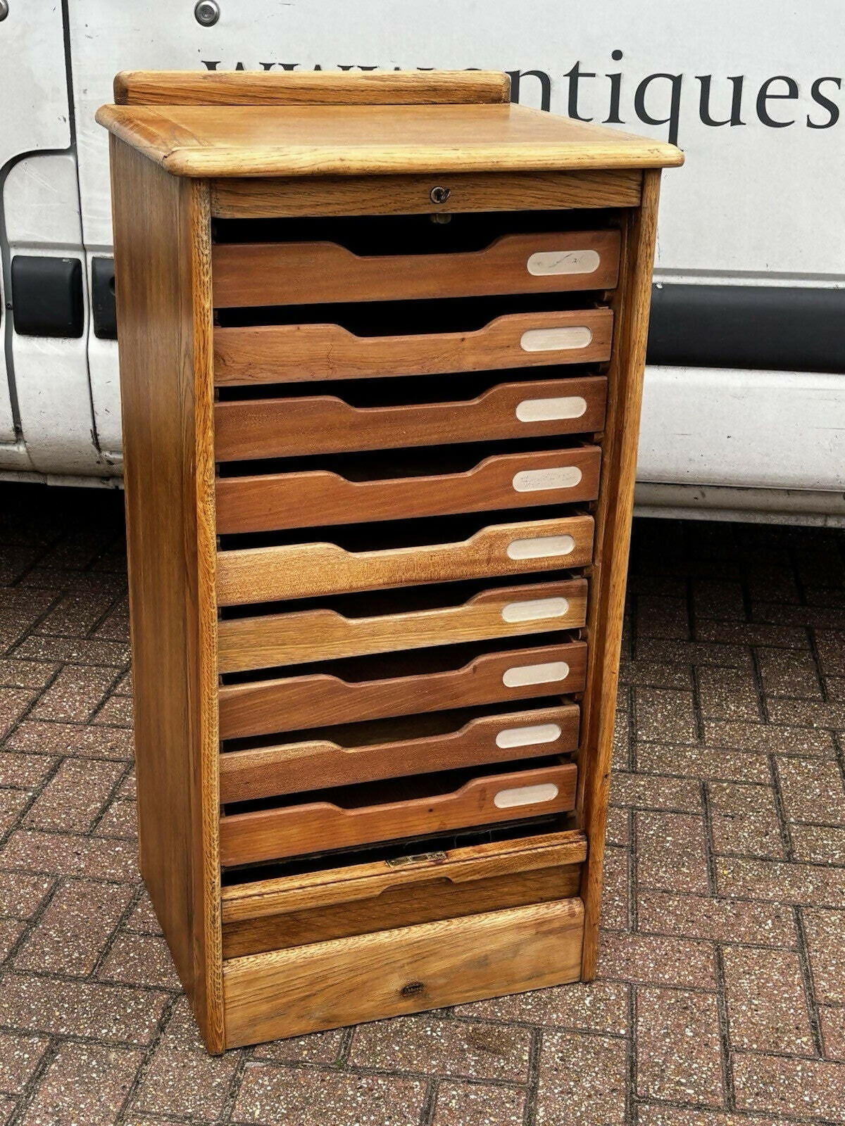 Light Oak Set Of 9 Filing Drawers With Tambour Rolling Front, With Key