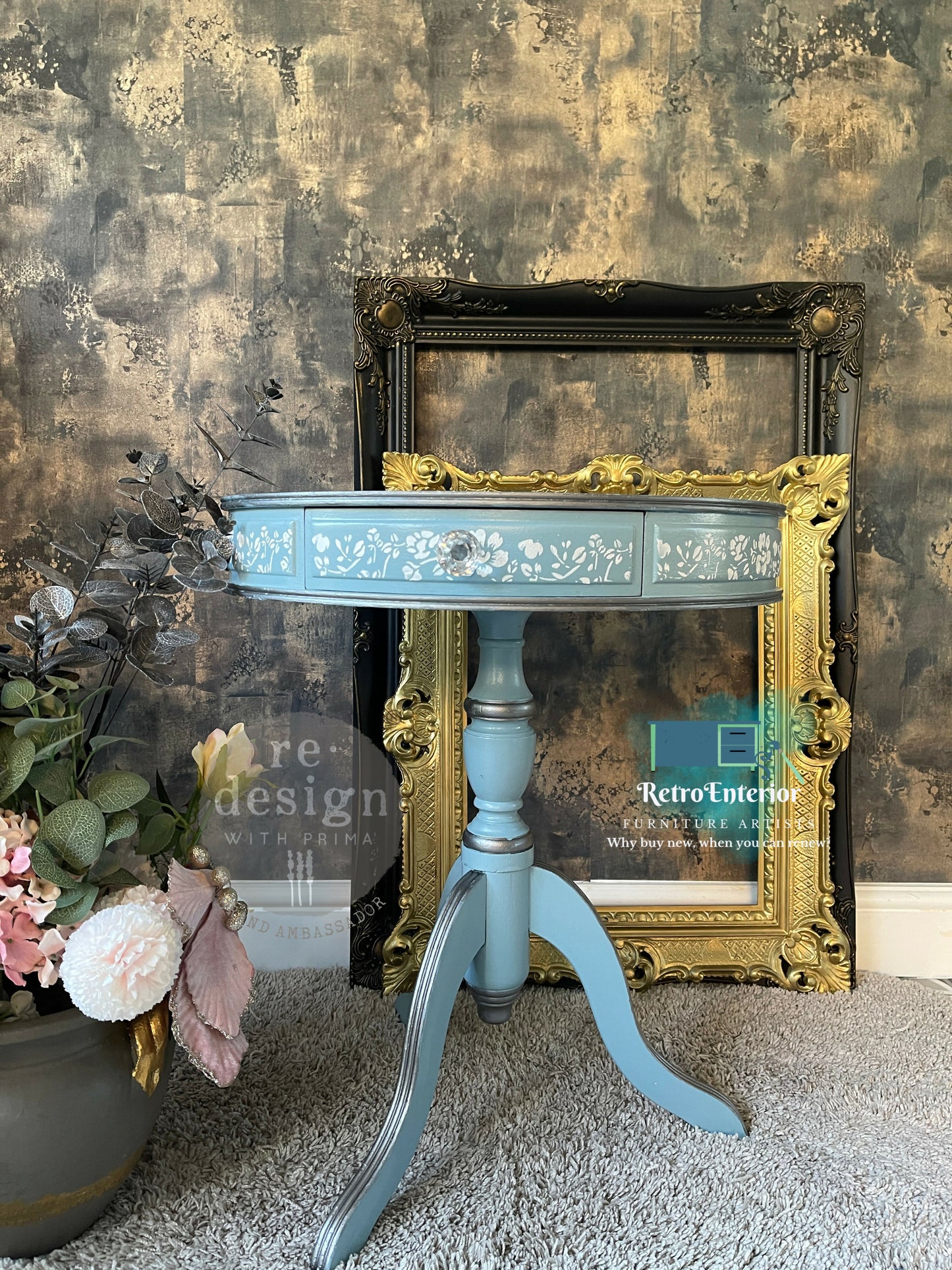 Vintage Round Side Table | Upcycled End Table in Light Blue with Whimsical Floral & Bird Decoupage | Eco-Friendly Painted Accent Table
