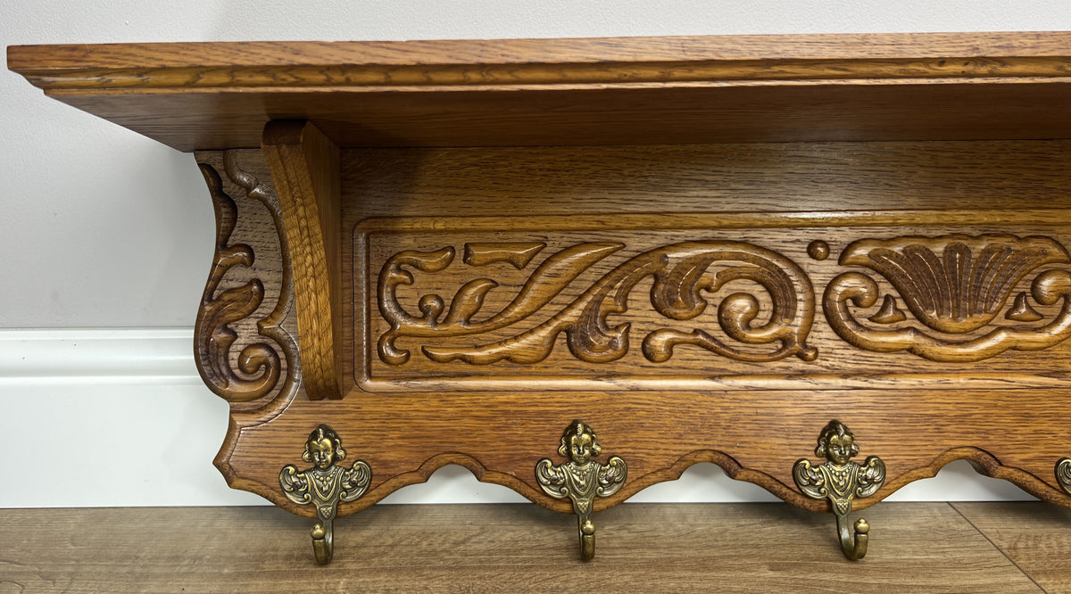 Coat Rack Vintage French Oak 6 Hooks Wall Shelf Carved Coat Hanger LOT 6551