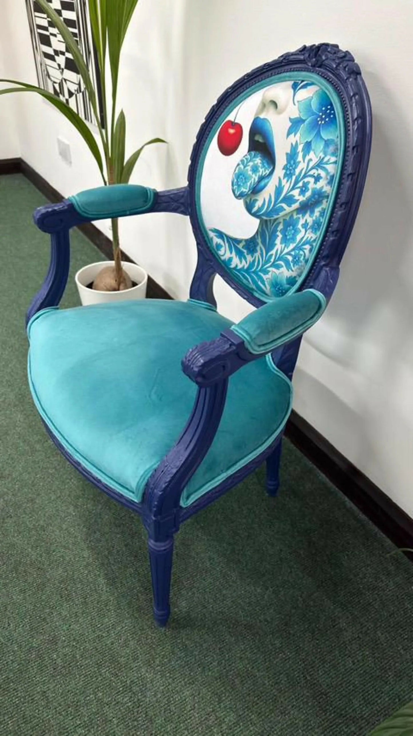Blue Vintage Chair, Artist Design Bespoke Accent Chair, Statement Furniture