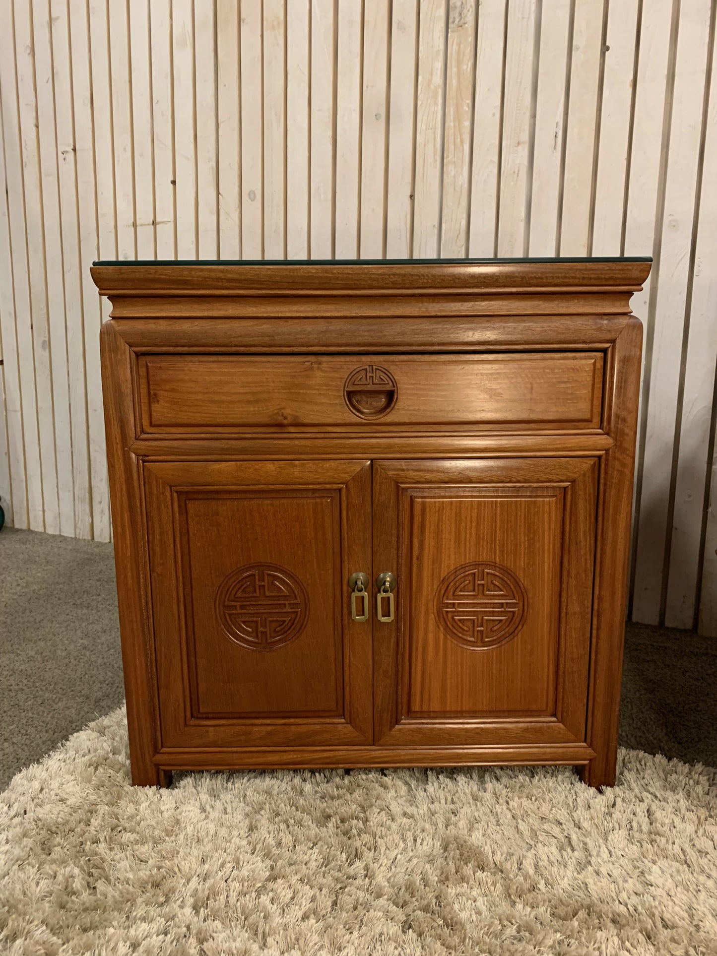 Two End Table/ bedside Carved Chinese with 1 drawer ,2 door and a glass top