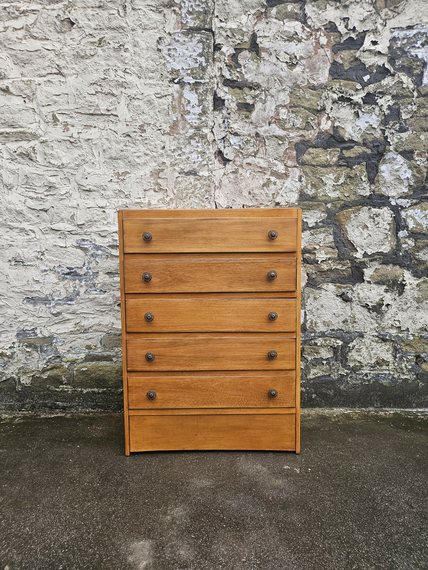 Vintage Oak Tallboy Chest of Drawers: Antique Cabinet with Detailing Five Drawer
