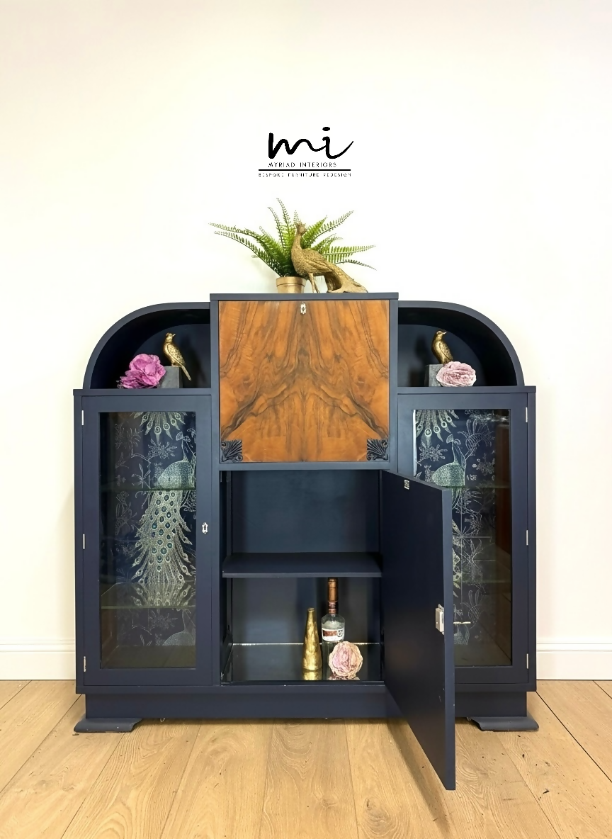 Art Deco refinished walnut cocktail cabinet, navy blue, champagne gold, vintage drinks cabinet, glass display cabinet, sideboard