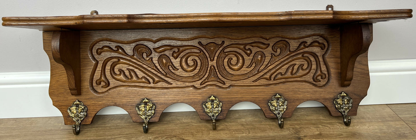 Coat Rack Vintage French Oak Wall Mounted 5 Hooks Carved Rack Hanger LOT 6204