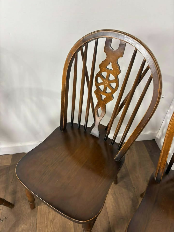 Vintage Set of Four Dark Oak Wheel Back Chairs