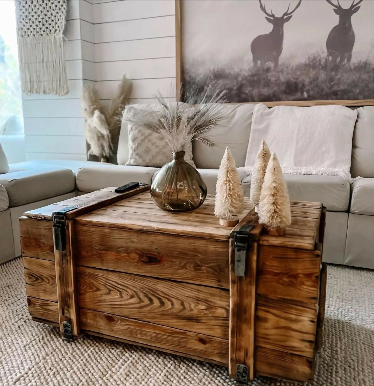 Vintage Military Chest Coffee Table – Army Storage Trunk Table Reclaimed Pine Rustic Coffee Table with Wheels Farmhouse Industrial Furniture