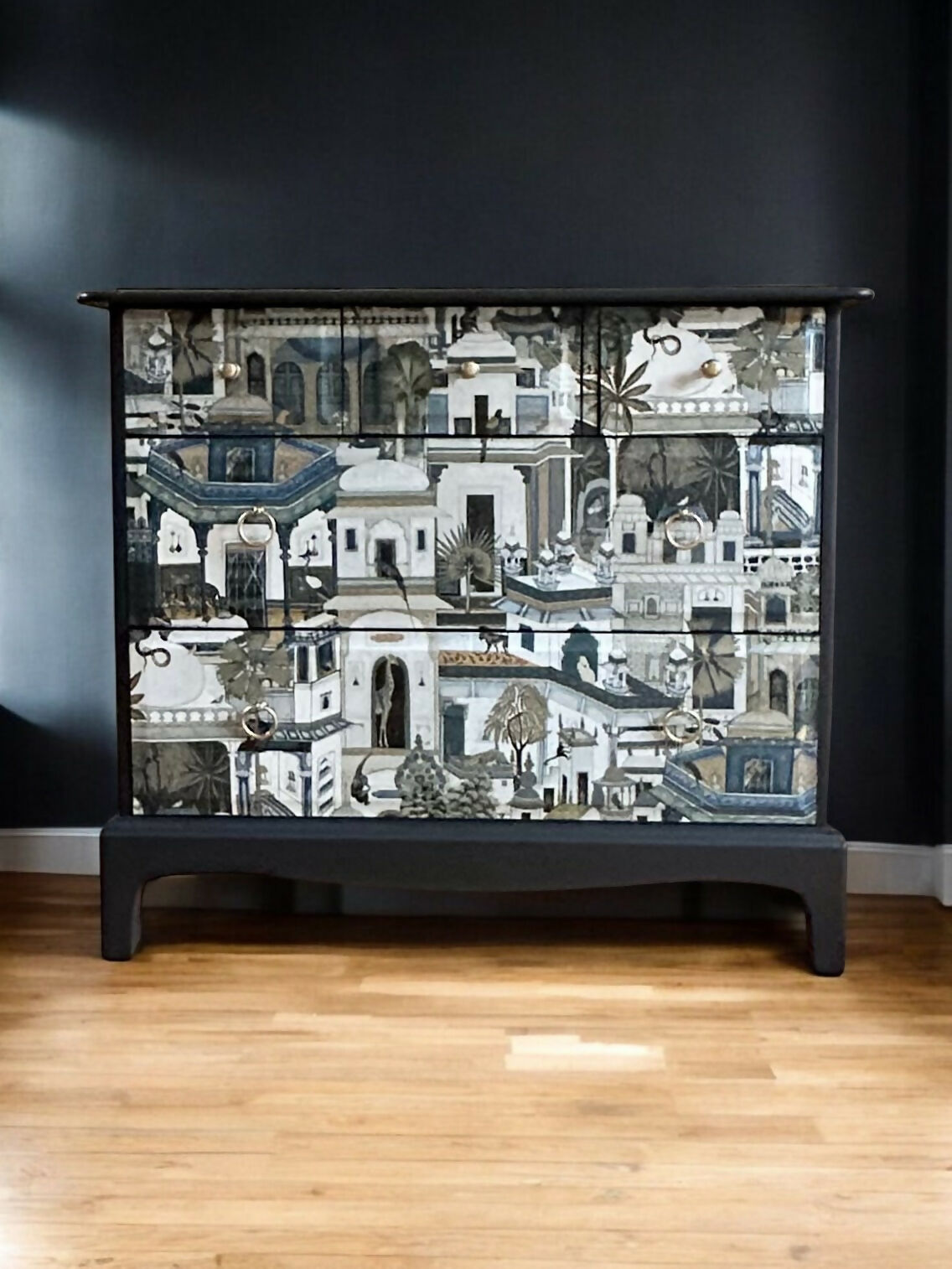 Chest of Drawers. Mid Century Modern. Stag Minstrel. Handpainted and decoupaged.