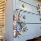 Harris Lebus Vintage Chest Of Drawers Painted Pale Blue with Floral Transfers Botanical