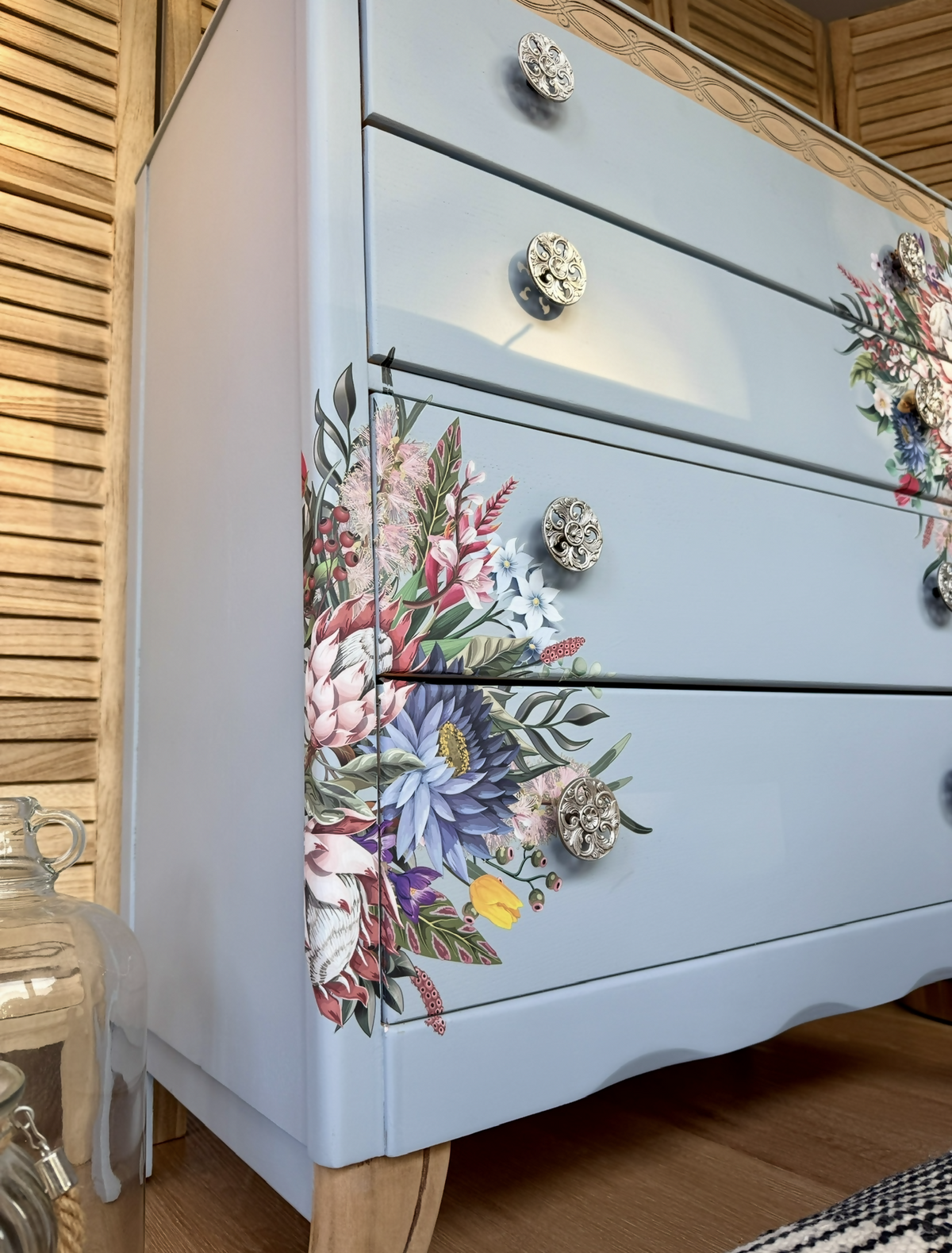 Harris Lebus Vintage Chest Of Drawers Painted Pale Blue with Floral Transfers Botanical