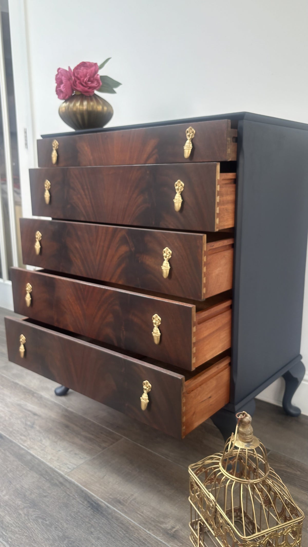 Vintage Navy Blue Flame Mahogany Dresser | Refurbished 5-Drawer Chest of Drawers | Brass Hardware Queen Anne Furniture