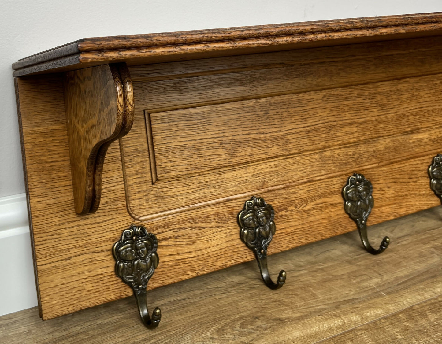 Coat Rack Vintage French Oak Wall Mounted 5 Hooks Carved Rack Hanger LOT 6203
